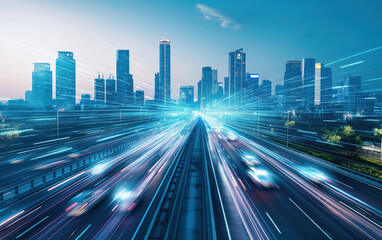 High-speed traffic motion blur through modern skyline. Future mobility and data flow concept.  
