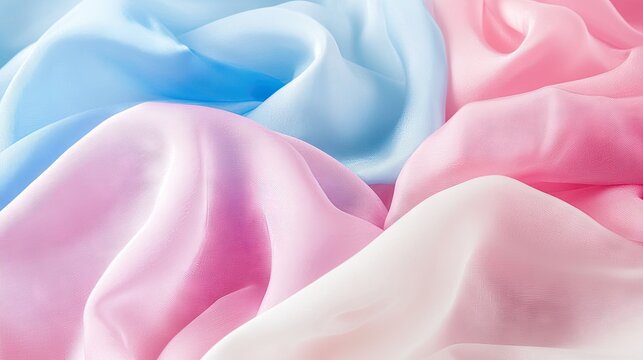 Soft, pastel pink, blue, and white fabric draped in gentle folds
