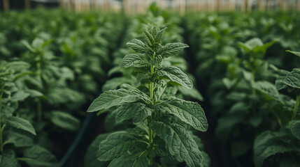 A close-up shot of a vibrant green mint plant, standing tall amongst a field of its brethren in a greenhouse. The focus is sharp on the central plant, with a soft blur on the surrounding plants