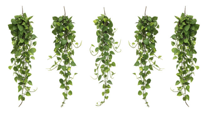 Five vibrant hanging pothos plants isolated on transparent background for decorative purposes