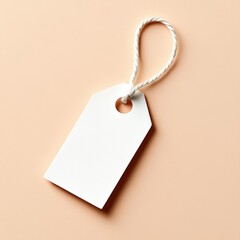 A blank white gift tag with a looped twine string rests on a peach-colored background