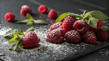 A vibrant display of ripe raspberries dusted with powdered sugar, and fresh mint.