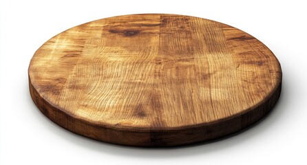 A circular, rustic wooden board with visible wood grain, showing signs of age and use, sits on a white background