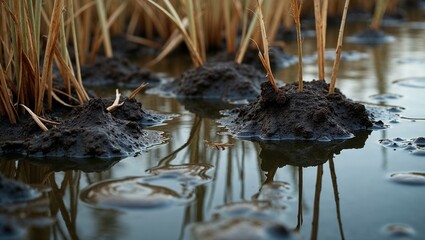 Close-up of marshy area with stagnant water, dark mud clumps, and dry reeds in detail
