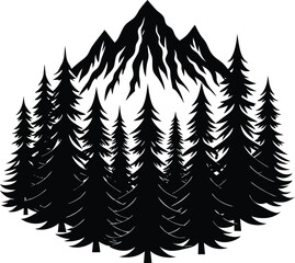 Obraz premium Pine Tree Cluster with Misty Mountain Base Silhouette