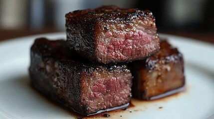 Grilled Beef Cubes Three Mouthwatering Medium-Rare Steak Pieces Stacked on a White Plate.