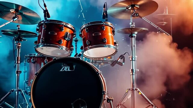 A close-up of a drum set with two toms, a snare, and a bass drum. The drums are illuminated  neon spotlights, creating a vibrant atmosphere.