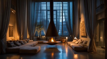 Spacious interior living area with large windows and a central fireplace.