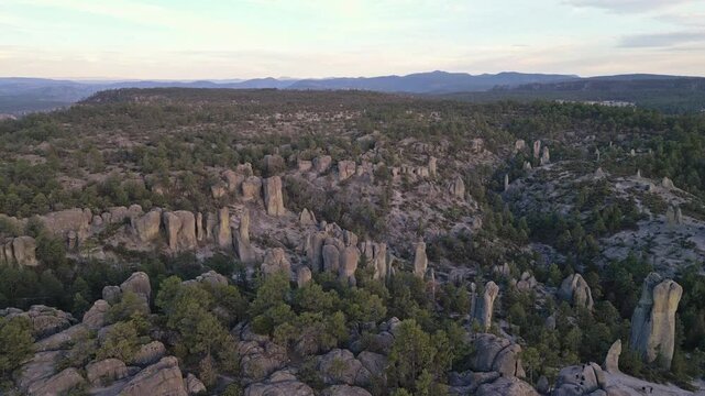Towering rock formations in a pine forest at Valle de los Monjes, Creel, Chihuahua