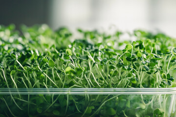Springtime microgreen farming, home gardening and growing greenery indoors. Close up photo. Garden cress. Green sprouts growing in a transparent container.