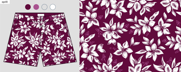 Hibiscus flower pattern for Hawaiian pants, summer fashion trend, beachwear design, tropical leaf style, floral vector print mockup for fabric clothing, high quality, not made by AI