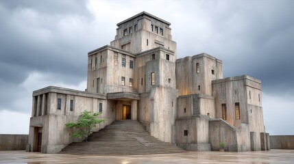 Obraz premium Dramatic concrete building with geometric designs under a cloudy sky.