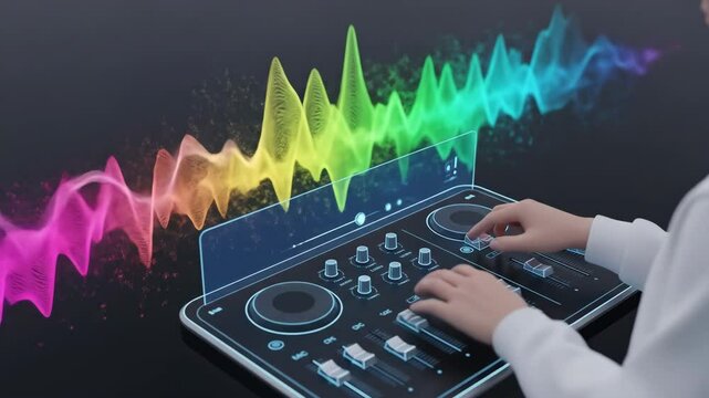 Futuristic dj mixing with holographic sound visualization on modern controller