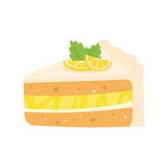 Cute lemon cake slice with cream and mint. Flat vector illustration isolated on white background.