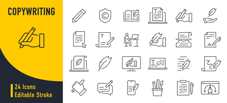 Copywriting web icons in line style. Document, writing, creative, signature, collection. Vector illustration.