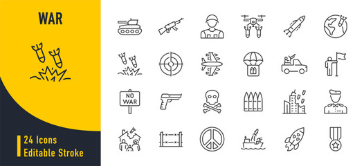 War web icons in line style. Army, battle, conflict, military, missile, refugees, bomb, tank, collection. Vector illustration.