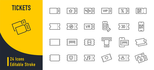 Ticket web icons in line style. Coupon, plane, train, qr code, cinema, music, theater, sport, collection. Vector illustration.
