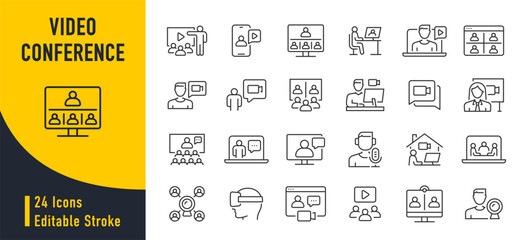 Video Conference web icons in line style. Webinar, online event, webcast, speaker, call, meeting, chat, collection. Vector illustration.