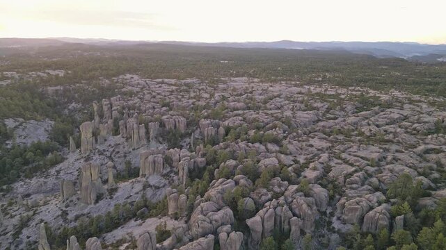 Rock pillars in Valle de los Monjes, forested plateau at sunset in Creel, Mexico