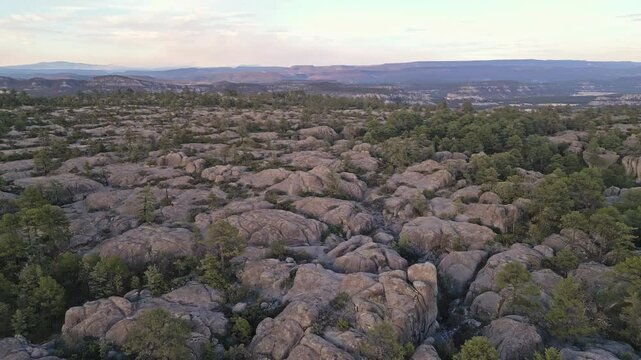 Rocky forest landscape with pine trees at Valle de los Monjes, Creel, Mexico