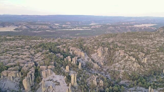 Rocky valley with tall stone formations and pine trees in Valle de los Monjes, Mexico