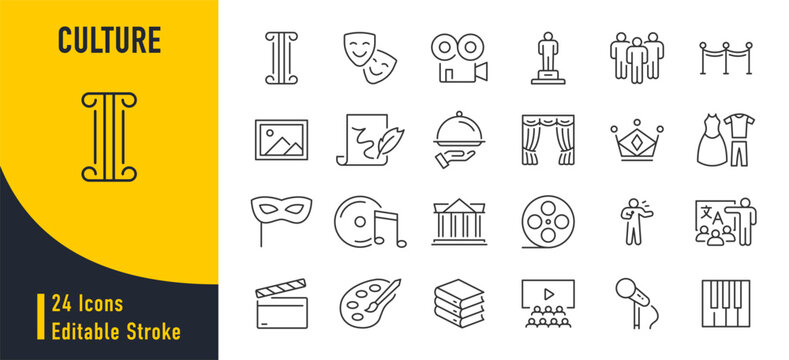Culture web icons in line style. Creative, art, museums, literature, movie, architecture, theater, collection. Vector illustration.
