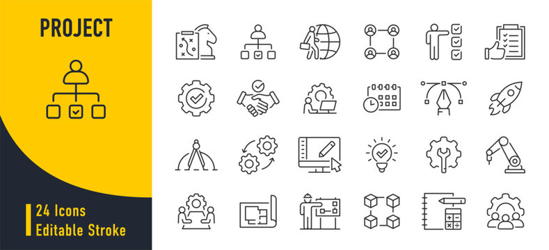 Project web icons in line style. Management, strategy, plan, startup, business, idea, timing, collection. Vector illustration.
