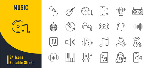 Music web icons in line style. Audio wave, music, volume, speaker, headphones, mic, musical note. Vector illustration.