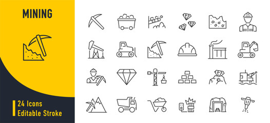 Mining web icons in line style. Diamond, gold, mine, ore, pickaxe, coal wagon. Vector illustration.