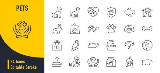 WebPets web icons in line style. Dog, cat, rabbit, hamster, bird, bone, pets, vet help. Vector illustration.