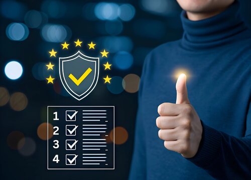 Data Protection and Assurance: A person gives a thumbs up. The check list and symbol representing security measures and compliance in an image.