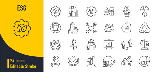 ESG and Environmental Social Governance web icons in line style. Ecology, esg, environmental, energy, nature. Vector illustration.