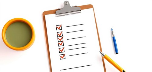 Flat style vector illustration of a clipboard with a checklist on a paper sheet, isolated on white background,  notepad,  agenda