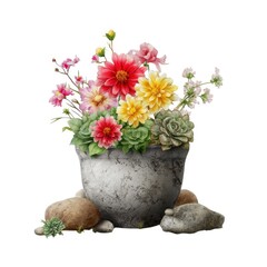 Obraz premium Floral arrangement in pot with rocks isolated on white background