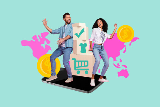 Trend artwork template design 3D collage sketch of smartphone display ecommerce young lady man dance pile box things sale store market