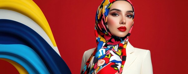 Obraz premium Young Woman in Red Hijab Posing in Front of Colorful Patterns with a Playful and Vibrant Mood