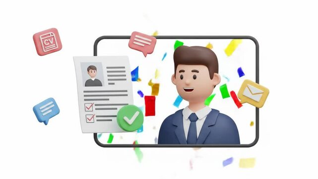 Animated sequence showing a virtual job interview with successful candidate celebration