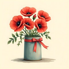 Summer Serenity: Fragrant red poppies in vintage tin vase on greeting card
