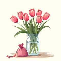 Fototapeta premium Summer Bliss: Fragrant Pink Tulips in Glass Vase & Velvet Pouch Greeting Card