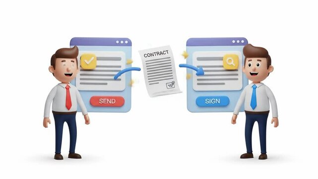 Animated business characters demonstrating electronic contract signing and document exchange process