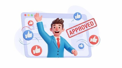 Animated businessman celebrating approval and positive social media feedback
