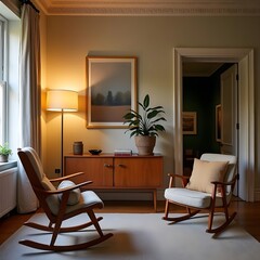 Fototapeta premium Contemporary Charm: A Cozy Living Room Retreat with a Wooden Rocker and Eclectic Energy