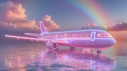 Neon Dreamliner: A Surreal Sunset Flight