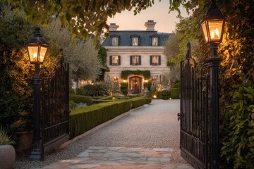 Grand estate entrance with ornate wrought-iron gates.