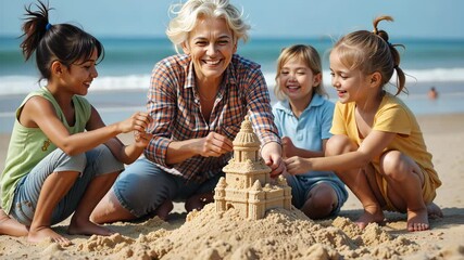Happy senior woman and two children building sandcastle on beach under bright sky, smiling and bonding in sunlight. Family vacation concept
