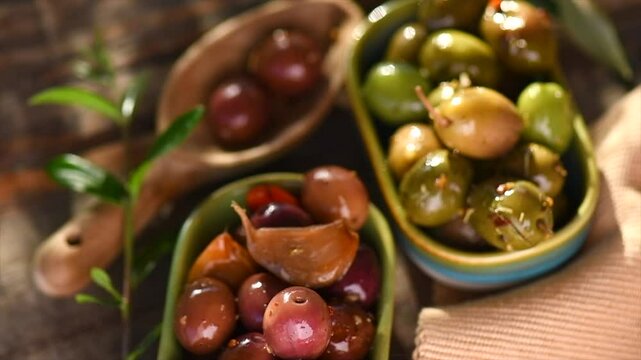 Olives, homemade marinated colorful olives with herbs and spices on rustic table, close up. Healthy Mediterranean vegan food in sun light. Slow motion, top view. 