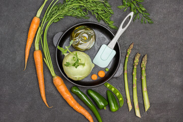 Bottle of olive oil, kohlrabi cabbage in frying pan.