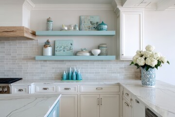 Light-colored kitchen with teal-colored shelves and decorative accents.