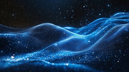Abstract, shimmering blue surface with particle effects.