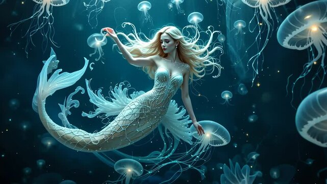 Blonde mermaid swimming underwater with glowing jellyfish, long hair floating in deep blue ocean, fantasy aquatic world. Mythical sea creature concept
